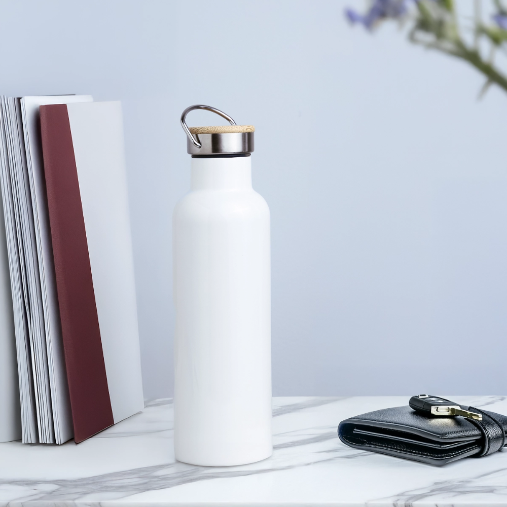 Panorama Thermosflasche mit Bambusdeckel, Buchstabe "B" - Weiß