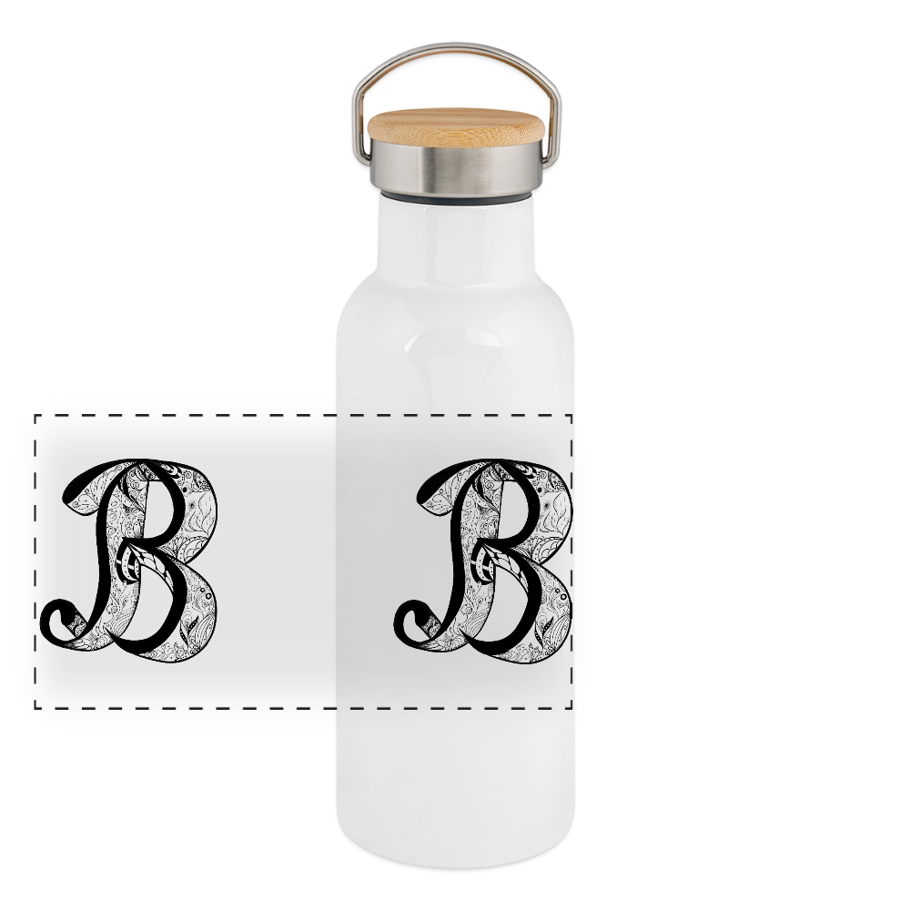 Panorama Thermosflasche mit Bambusdeckel, Buchstabe "B" - Weiß